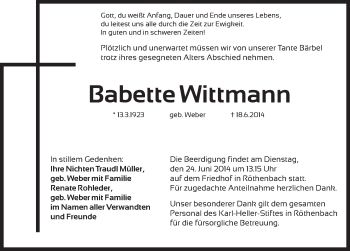 Traueranzeige von Babette Wittmann von Pegnitz-Zeitung